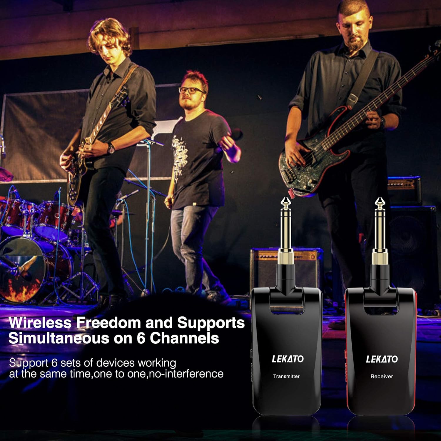 LEKATO Wireless Guitar System with Dual Jacks for Musical Instruments 2.4GHz Rechargeable Wireless Guitar Transmitter Receiver,Stereo Cordless Guiar Lead Bass Jack for Acoustic Electric Guitar Bass - Image 5