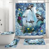 APROPHIC Sea Shark Shower Curtain Sets with Rugs, Ocean Underwater Bathroom Rugs Sets 4 Piece, Bathroom Shower Curtain Sets, Memory Foam Shower Curtain Rug Sets for Bathroom Decor, Blue
