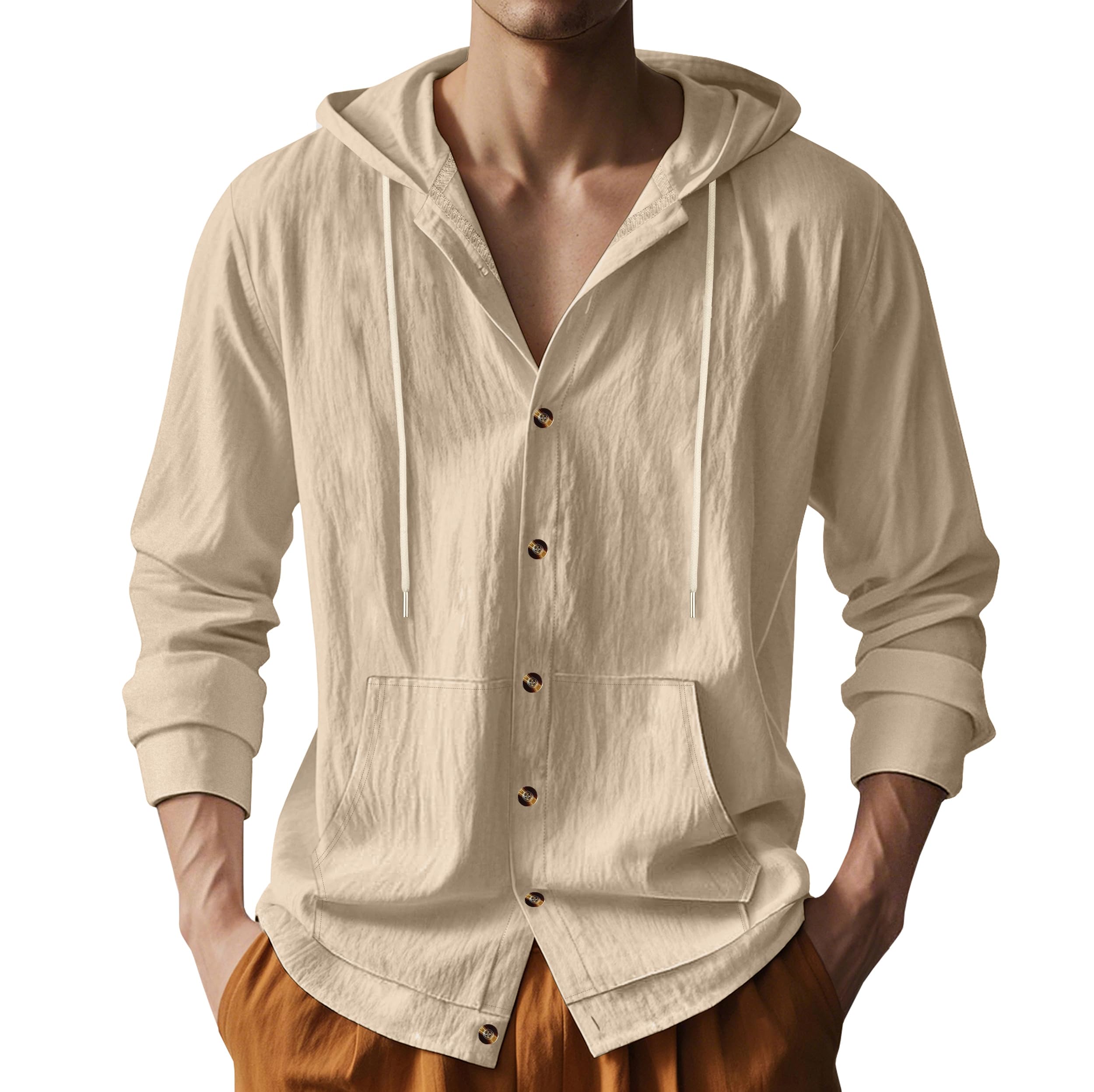 Photo 1 of TAFLE Mens Cotton Linen Long Sleeve Button Down Shirts with Pockets Casual Hawaiian Beach Shirts Lightweight Fashion Hoodies Khaki