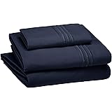 Amazon Basics Premium, Easy-Wash Embroidered Hotel Stitch 120 GSM Sheet Set - Twin, Navy Blue
