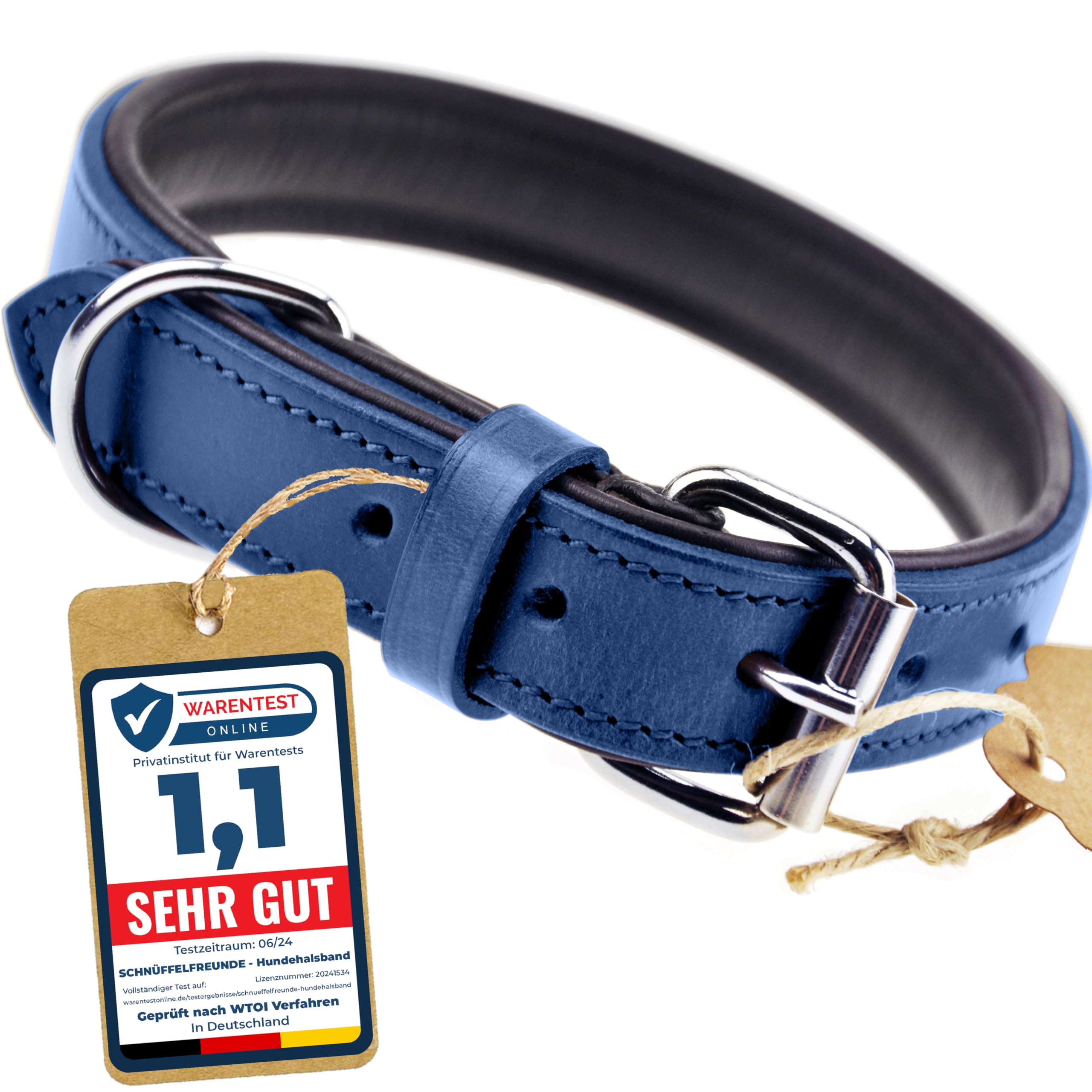 Schnüffelfreunde Leather Dog Collar, Dog Collar for Large, Medium and Small Dogs, Padded Leather Collar, Robust (S - 24-30cm, Blue)