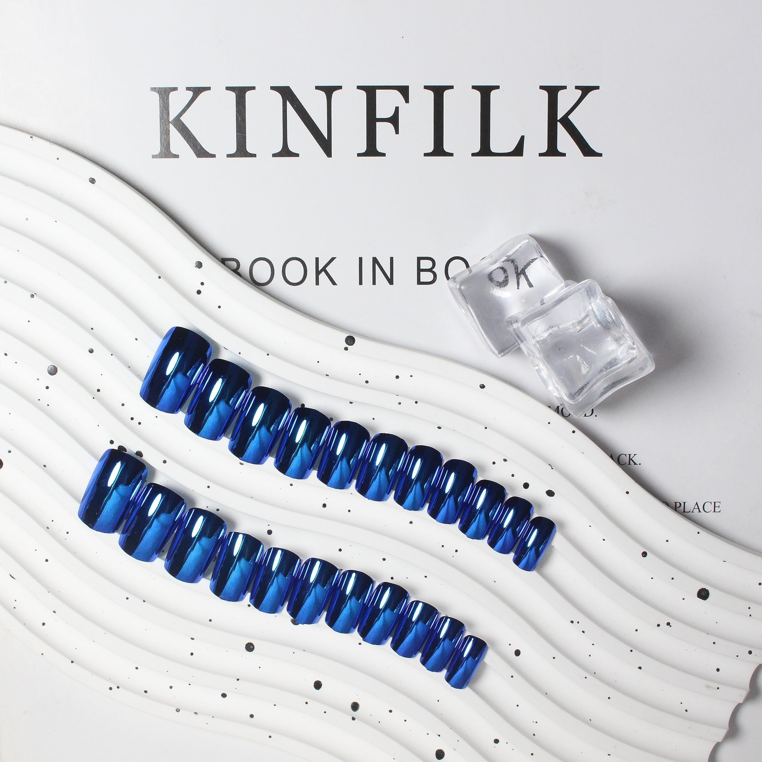 KQueenest Royal Blue Chrome Press on Nails Short Medium Square Metallic Fake Nails Glitter Glue on Nails Short Medium Mirror False Acrylic Nails Press Ons Natural Stick on Nails for Women 24 Pcs - Image 3