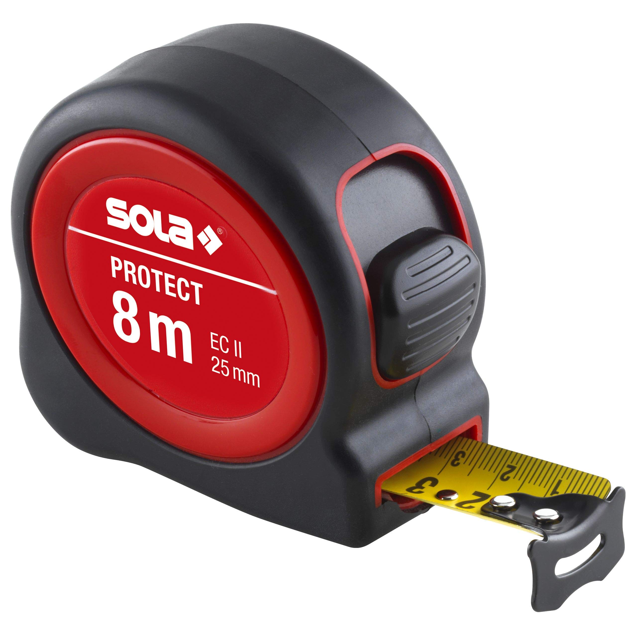 SOLA Protect Tape Measure - 8 m / 25 mm - Robust Tape Measure with Belt Clip - Steel Tape, Yellow Painted with mm Scale - Accuracy Class II - Roll Meter with Movable End Hook - Length 8 m / 25 mm