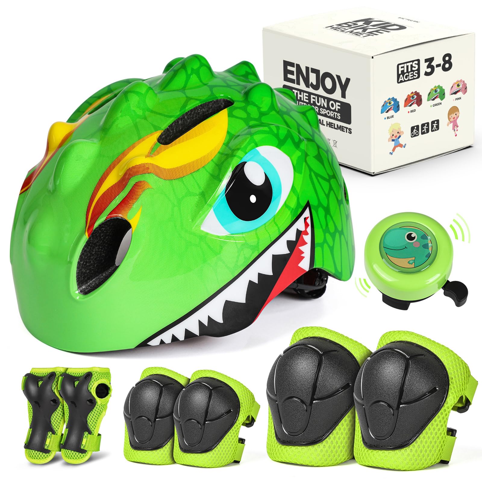 VICTGOAL Kids Bike Helmet with Cute 3D Cartoon Design for Cycling Roller Skating Scooting Lightweight Sports Safety Helmet for Ages 3-8 Boys Girls with Size Adjustable (Green Set 2, S: 50-54cm)