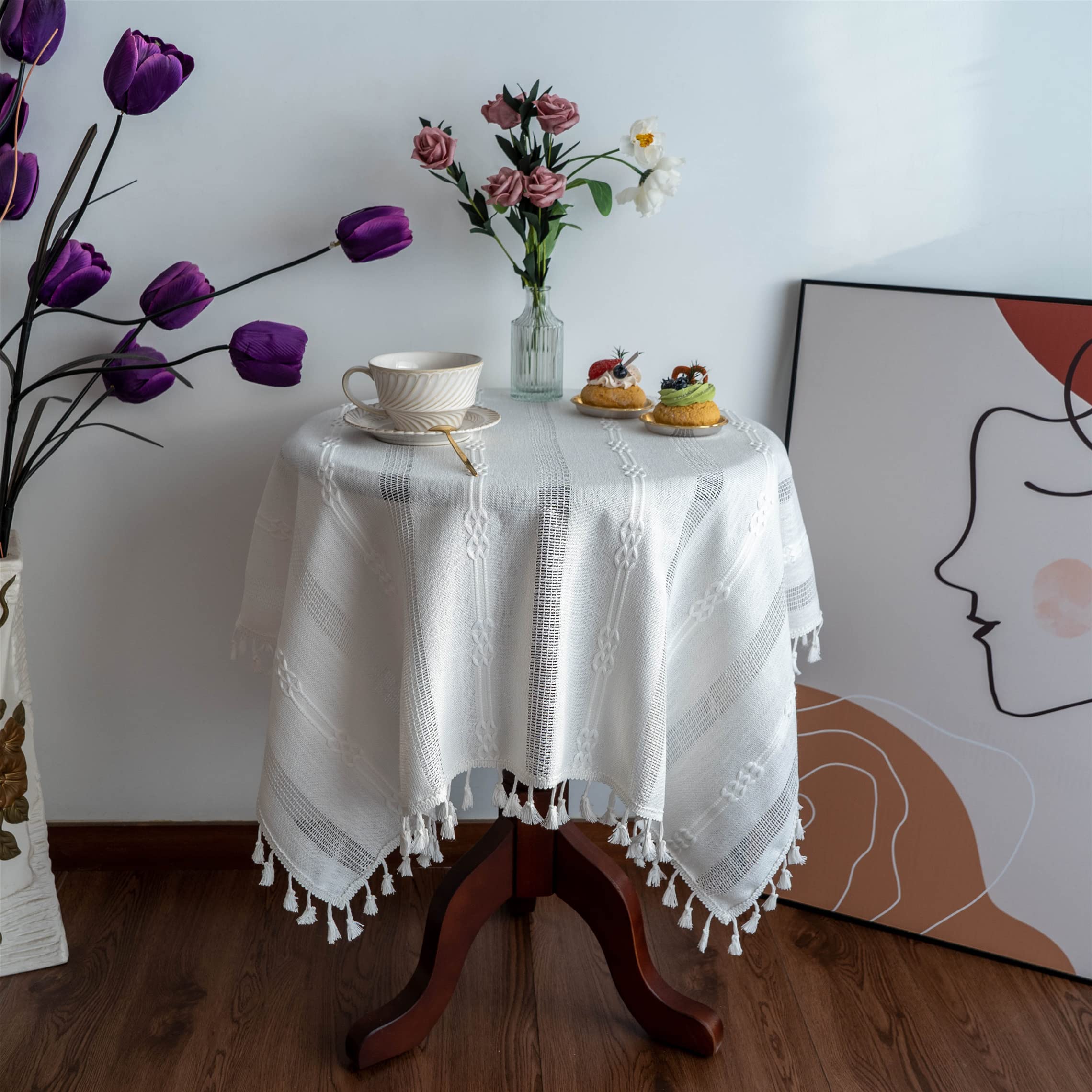 Photo 1 of Gernaice Rustic Stripe Embroidered Tablecloth Heavy Small Square Tassel Cotton Linen Table Cloth Wrinkle Free Washable Table Cover for End Bedside Coffee Teapoy Table Tea Trolley White 36x36 Inch