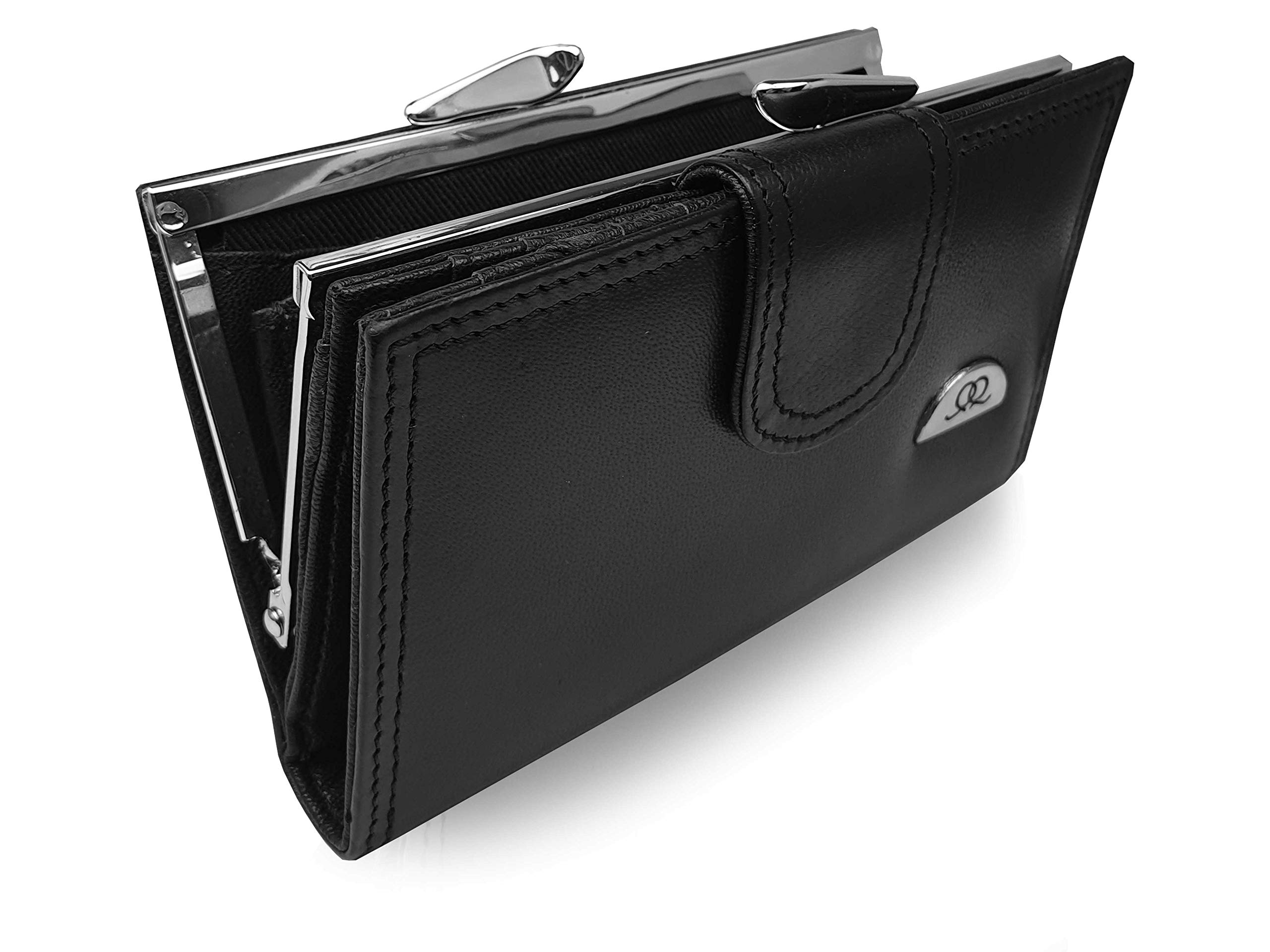 Quenchy London Ladies RFID Blocking Real Leather Purse - 8 Credit Card Protected Spaces Slots with Button Closure - Large Metal Clasped Framed Coin Section - 14cm x9 x2.5 Black QL439KX