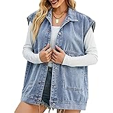 Oulivey Denim Jean Vest for Women Oversized Sleeveless Mid Long Button Down Denim Waistcoat