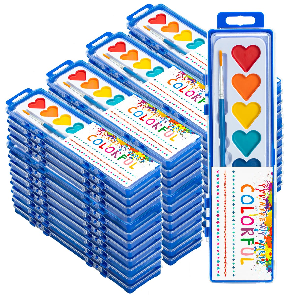 Photo 1 of 48 Pack Watercolor Paint Set, Washable Water Color Kids Paint Set with Paintbrush for Toddlers Adults, Art Supplies for Preschool Classroom Party Favor Valentines Gifts