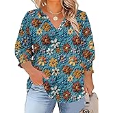TFSDOD Womens Plus Size Tops 3/4 Sleeve Blouses Summer V Neck Shirts Smocked Cuffs Spring Outfits 1X-5X