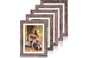 Fixwal 5x7 Picture Frames Set of 5, Rustic Brown Wood Grain with Tempered Real Glass, Vintage Photo Frames for Wall Decor Mounting and Tabletop Display