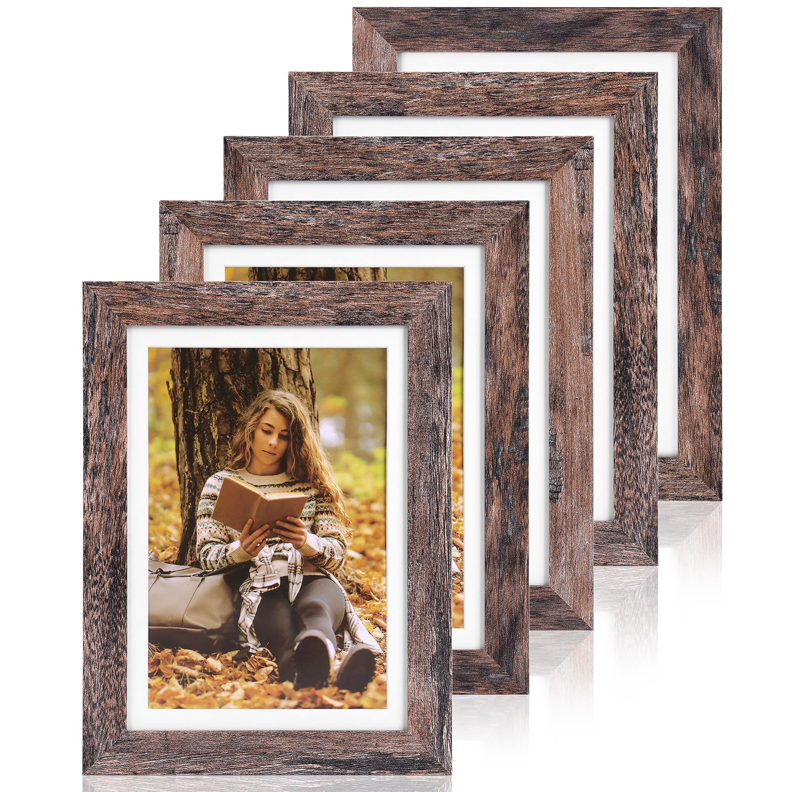 Fixwal 5x7 Picture Frames Set of 5, Rustic Brown Wood Grain with Tempered Real Glass, Vintage Photo Frames for Wall Decor Mounting and Tabletop Display
