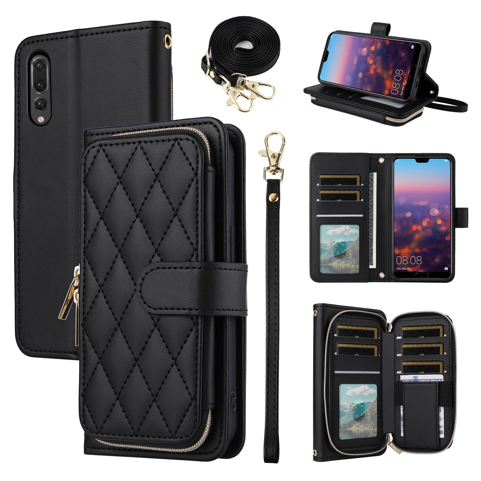 ELISORLI Wallet Case for Huawei P20 Pro with Wrist Strap,Crossbody Shoulder Strap,9 Card Slots Zipper Purse,Luxury PU Leather Stand Cell Accessories Phone Cover for Hawaii P 20Pro 20 P20pro Black