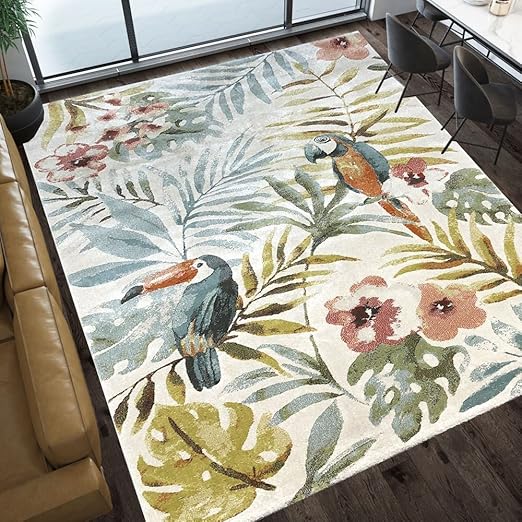 Modern Style Rugs Living Room Rug Tropical Paradise Parrot Birds in Cream Orange Blue Green