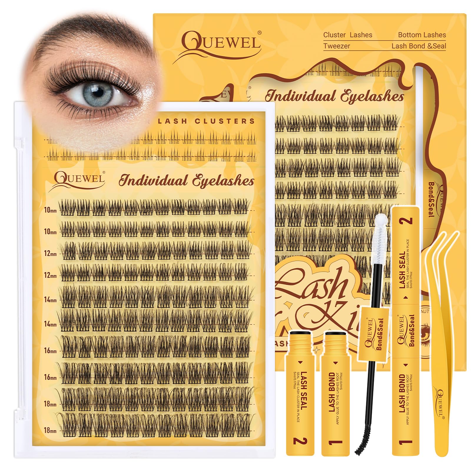 QUEWEL Cluster-Lashes Kit Natural Eyelashes-Individual Kit Mix 10-18mm, Wispy Lash-Clusters Kit with Bottom Lashes, D curl Lash Extensions Kit with Bond and Seal and Tweezers (SXJM STYLE A) — image 1