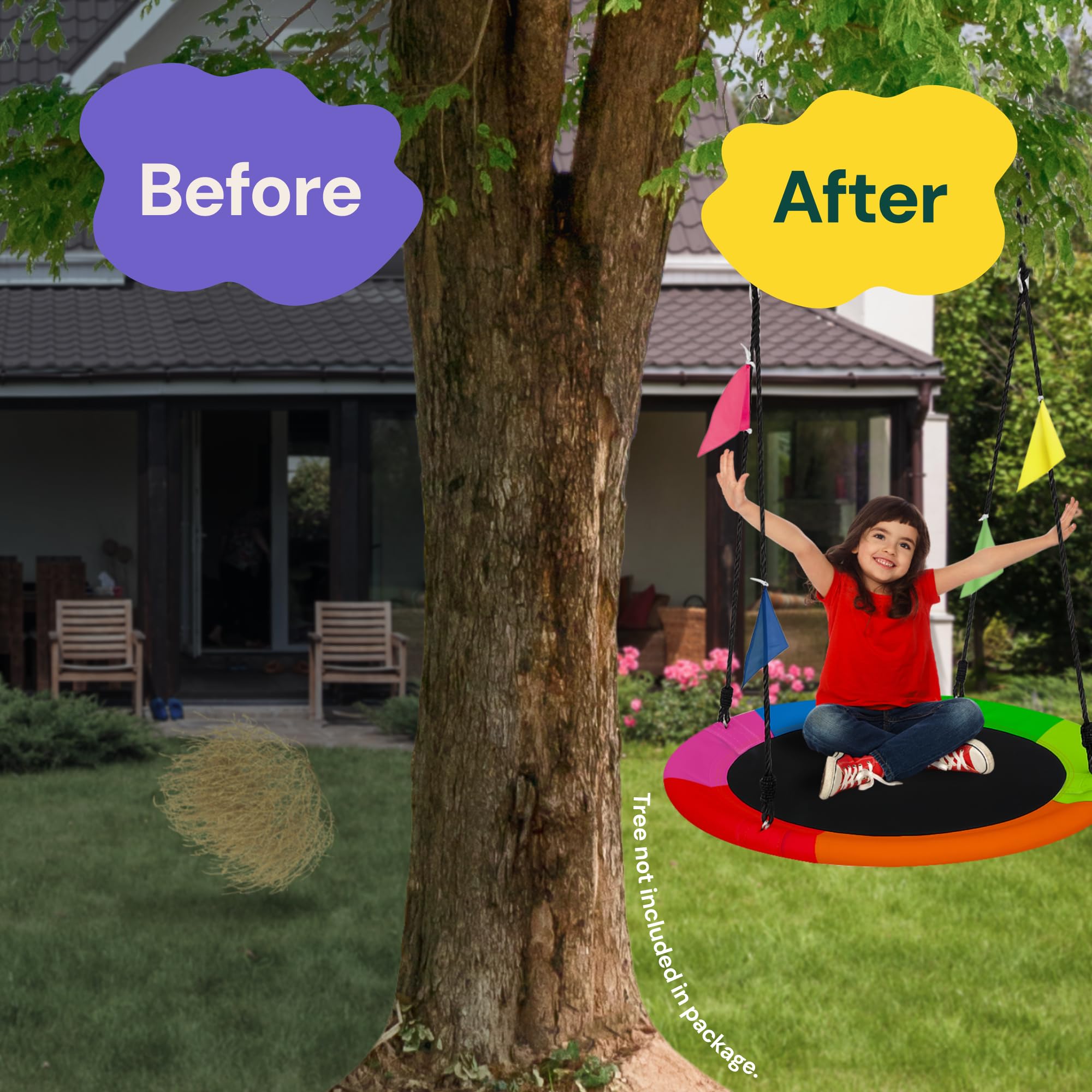PLAYVIBE 40-Inch Saucer Swing for Kids Outdoor - Multicolor Tree Swing - 440lb Capacity - 600D Oxford Waterproof Fabric & Hanging Straps - Kids Outdoor Toys