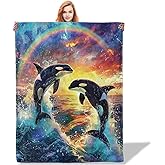 Plistiz Orca Whale Ocean Rainbow Throw Blanket for Women Girls Boys, Soft Flannel Blankets Gifts for Living Room Couch, Home, Sofa Decor, 50"x60"