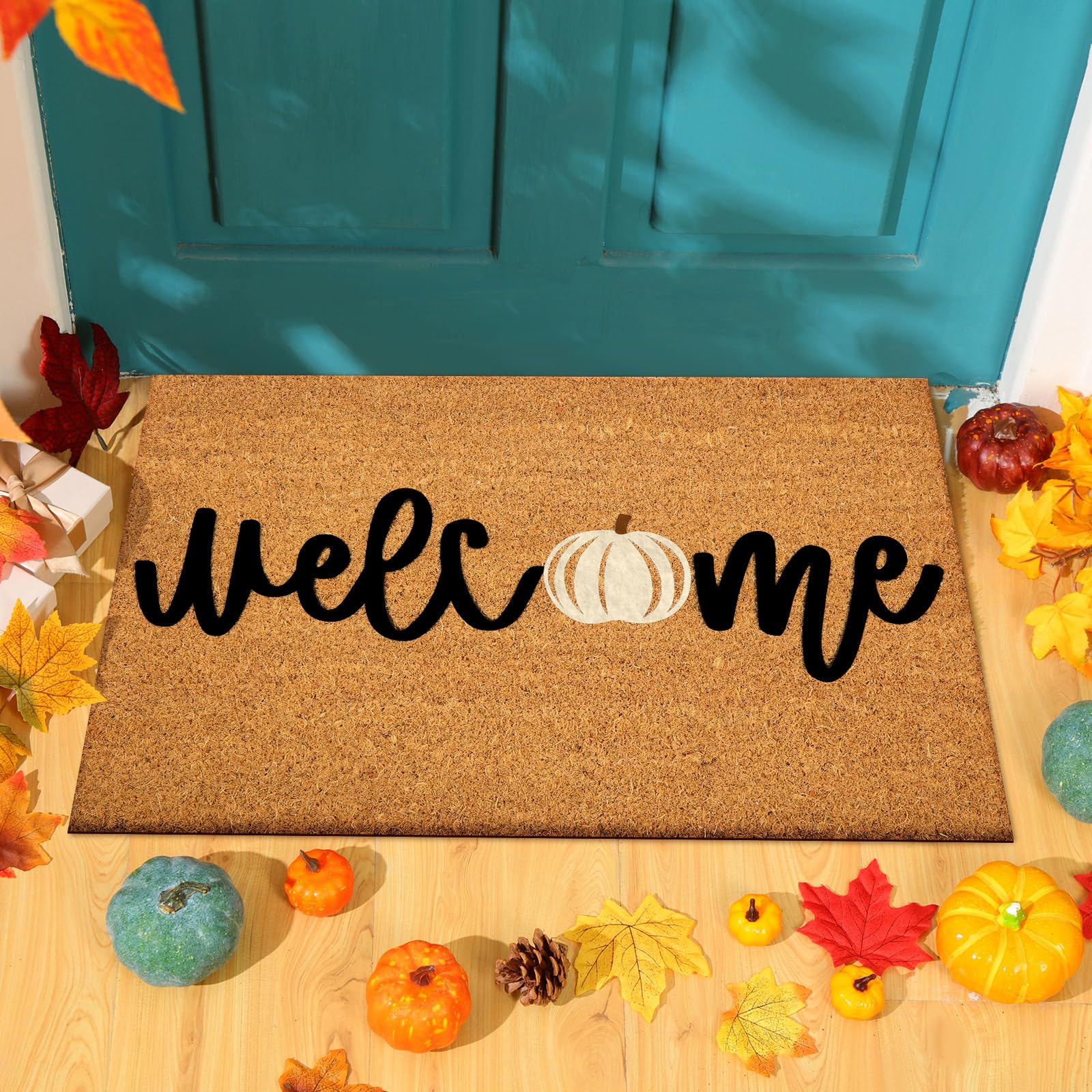 Photo 1 of Ceenna Fall Coir Doormat Football Pumpkin Style Coir Welcome Mats Autumn Non Slip Floor Mats Thanksgiving Indoor Entrance Door Mat Porch Front Decor, 16 x 28 Inch(Welcome)