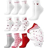 Shihanee 10 Pairs Valentines Day Socks Women Heart Cotton Ankle Socks Novelty Valentines Gifts for Her, Cute Soft Red White Heart Pattern Striped Plaid, 10 Styles