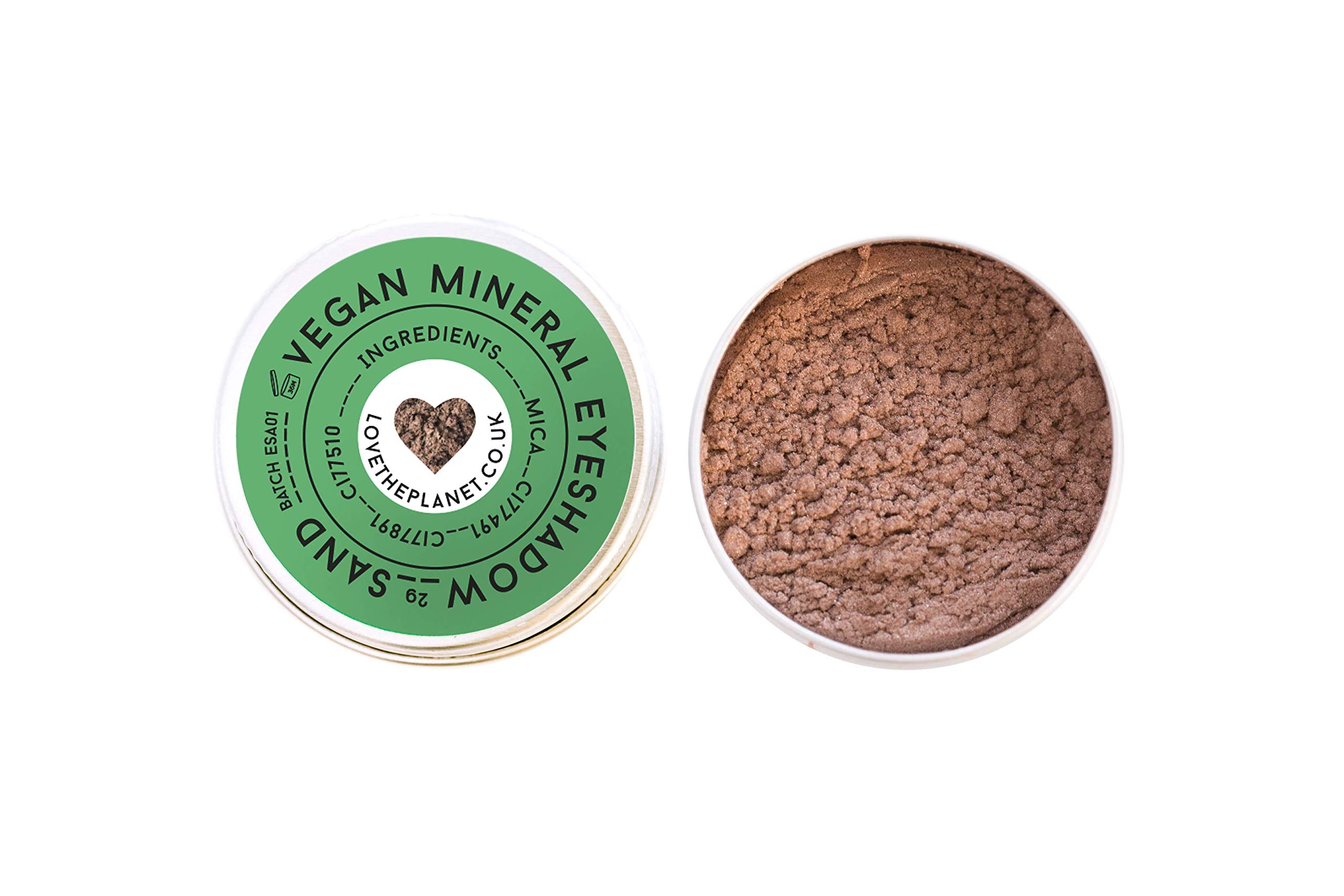 Love the Planet Vegan Mineral Eyeshadow in Refillable Tin, Loose Powder Makeup, Highly Pigmented, Beige Shimmer Shadow, Golden Glow to Neutral Shades, Shade Sand 2g
