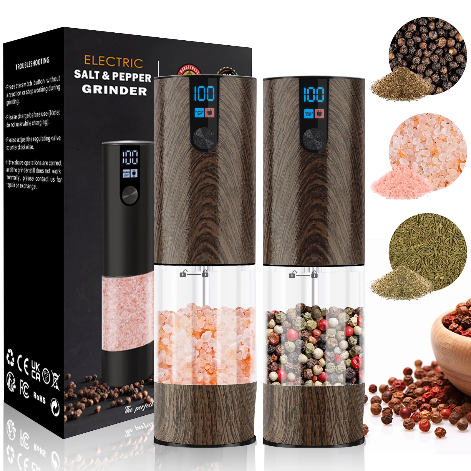 Photo 1 of Minpenlay Electric Salt and Pepper Grinder Set Rechargeable with LED Display, Adjustable Coarseness, 120ml Container Automatic Pepper and Salt Grinder for Kitchen, Restaurant (Wood Grain)