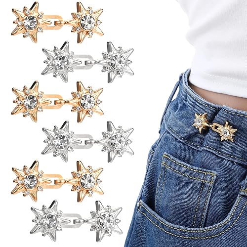 Xindojuz 6 Sets Waist Tightener Clips for Women, Adjustable Rhinestone Star Jeans Waist Pins Buttons, Detachable No Sewing Crystal Star Trouser Clips Buckles for Loose Pants Skirt (Silver, Gold)