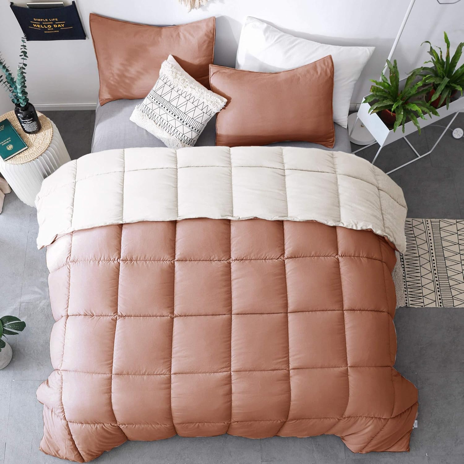 KASENTEX All Season Down Alternative Quilted Comforter Set - Hypoallergenic Duvet Insert - Machine Washable (Rose/Beige, King Set): Home & Kitchen