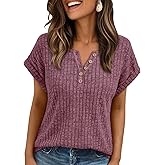 AUTOMET Women Tops Summer Sweaters Short Sleeve V Neck Henley Shirts Spring Dressy Button Blouses