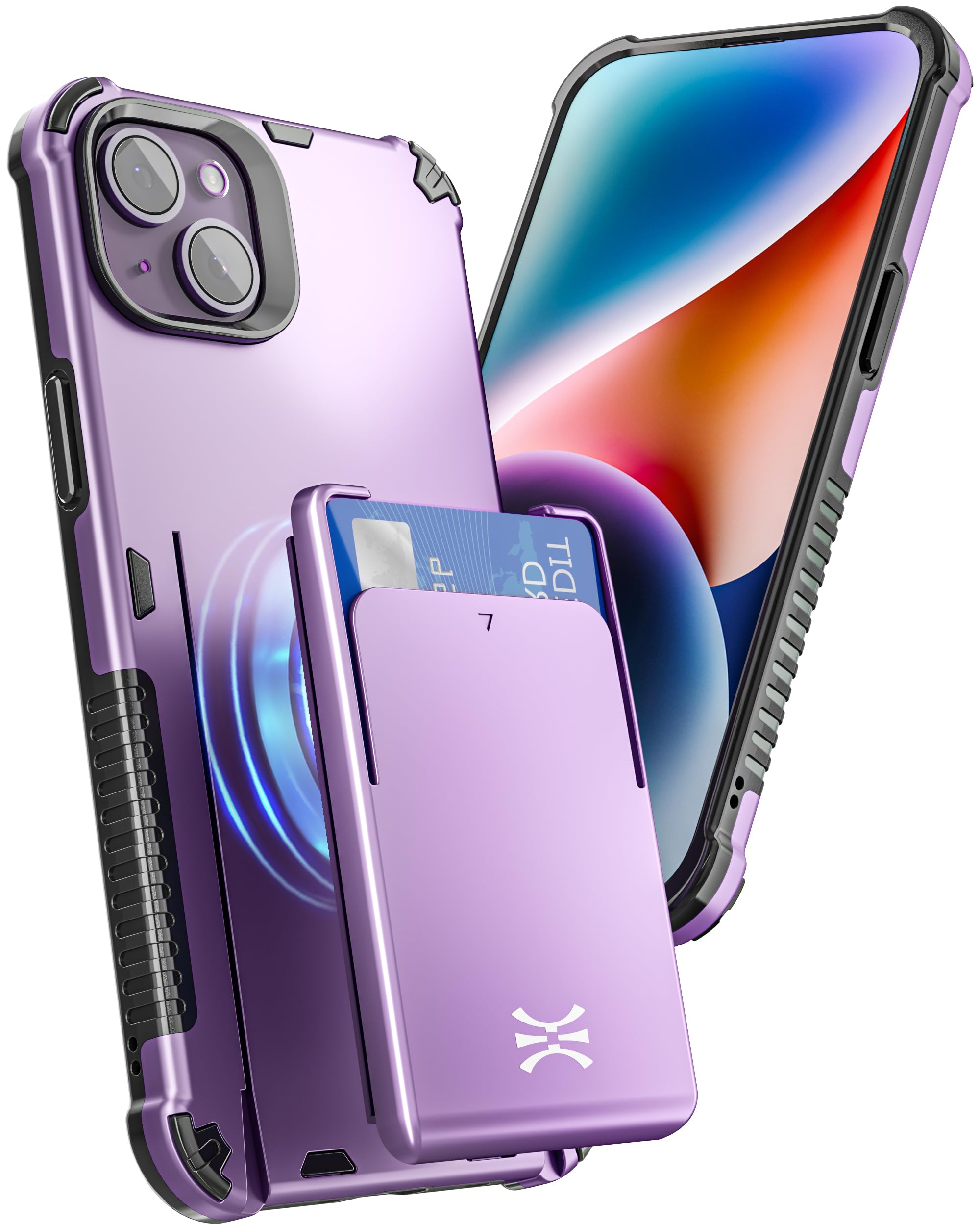 TORU MX PRO for iPhone 14 Plus Slim Hard Wallet Case | Dual Layer Protective Shockproof Cover with Built-in Magnets for MagSafe Compatible | Detachable Sliding Card Holder for 3 Cards - Purple