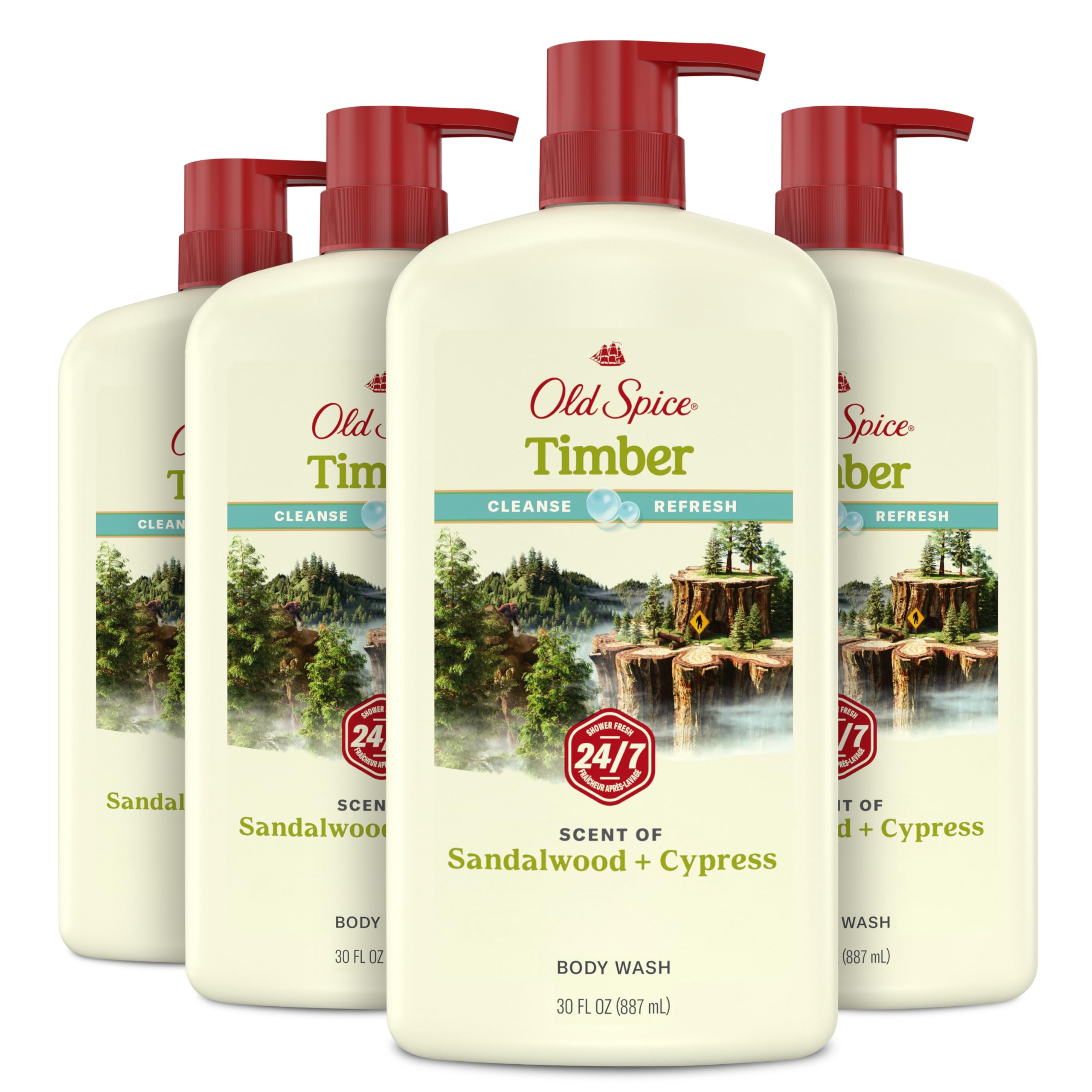 Photo 1 of Old Spice Cleansing Body Wash for Men, 24/7 Shower Fresh with Lasting Scent, Cleanse & Refresh, Gentle on Skin, Vitamin B3, Timber with Sandalwood + Cypress Scent, 30 oz (Pack of 4)