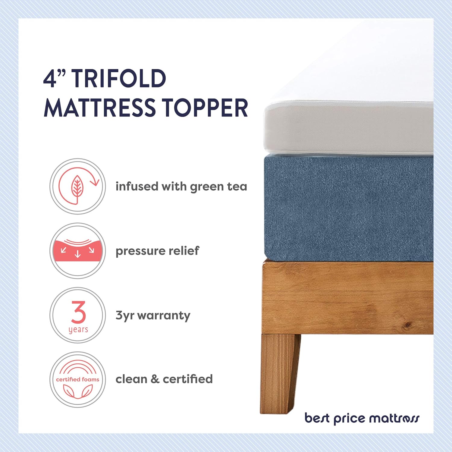 Best Price Mattress 4 Inch Trifold Memory Foam Topper, Mattress Pad with Cover, CertiPUR-US Certified, Full: Furniture & Decor