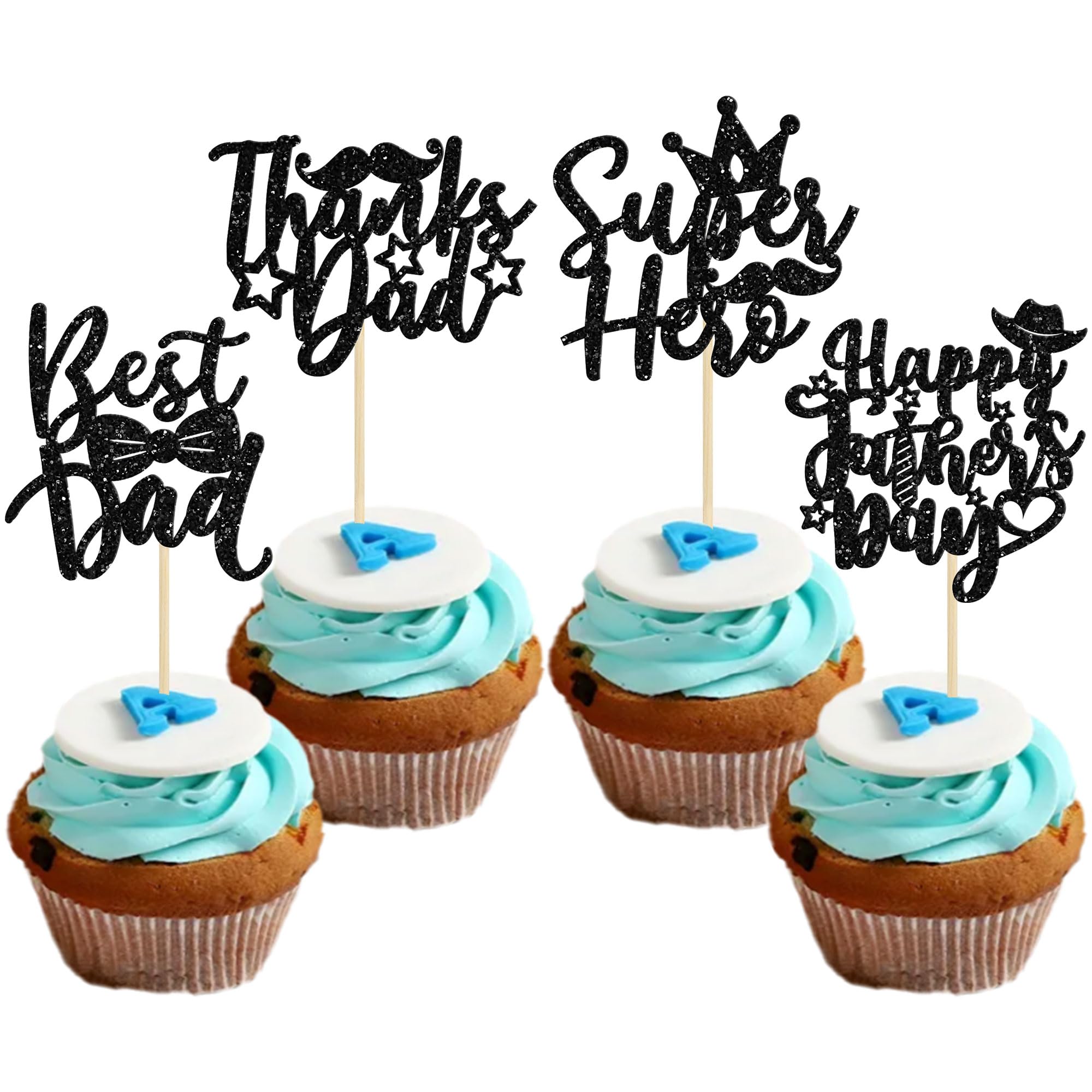 Gyufise 24Pcs Happy Father's Day Cupcake Toppers Black Glitter Thanks Best Dad Super Hero Dad Cupcake Picks for Happy Father's Day Theme Party Cake Decorations Supplie