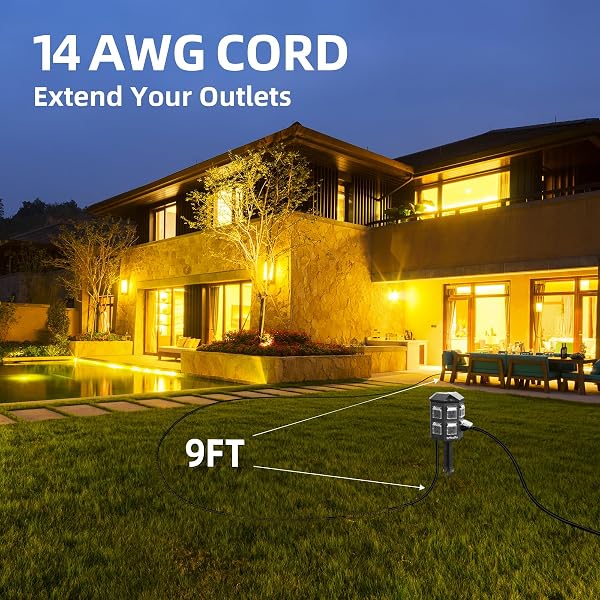 OUTDOOR REMOTE CONTROL POWER STRIP, 9FT EXTENSION CORD WATERPROOF, INDEPENDENT CONTROL OUTLETS, 6 GROUNDED OUTLETS FOR OUTDOOR DECORATIONS, 14 AWG, 15A/1875W, ETL LISTED (9 FT)
