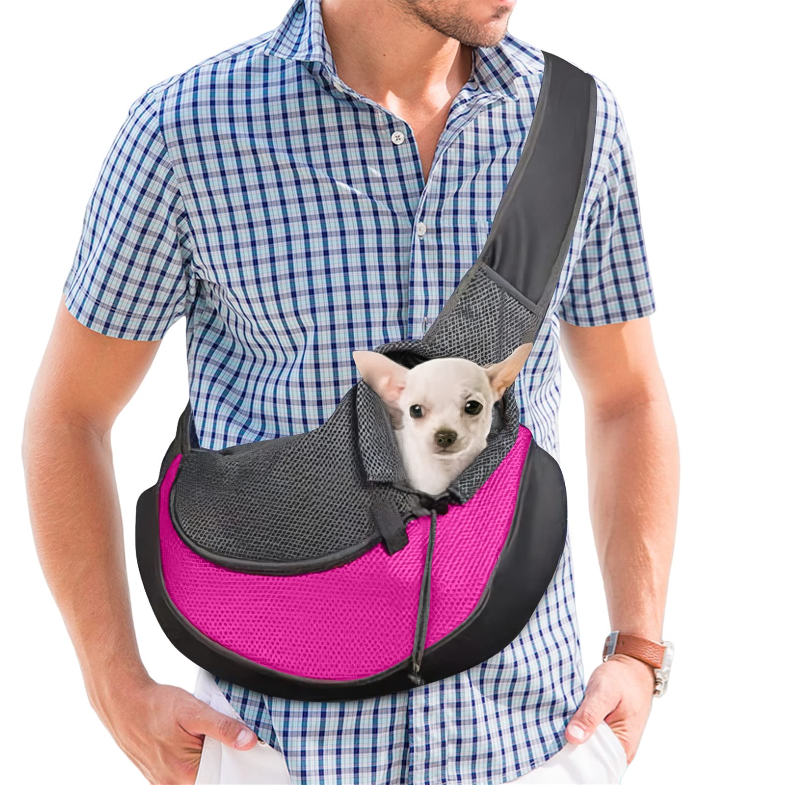 PETCUTE Dog Sling Carrier Pet Sling bags Dog shoulder bag Mesh Pet Carrier Bag Small Dog Travel Bag Rose Red L