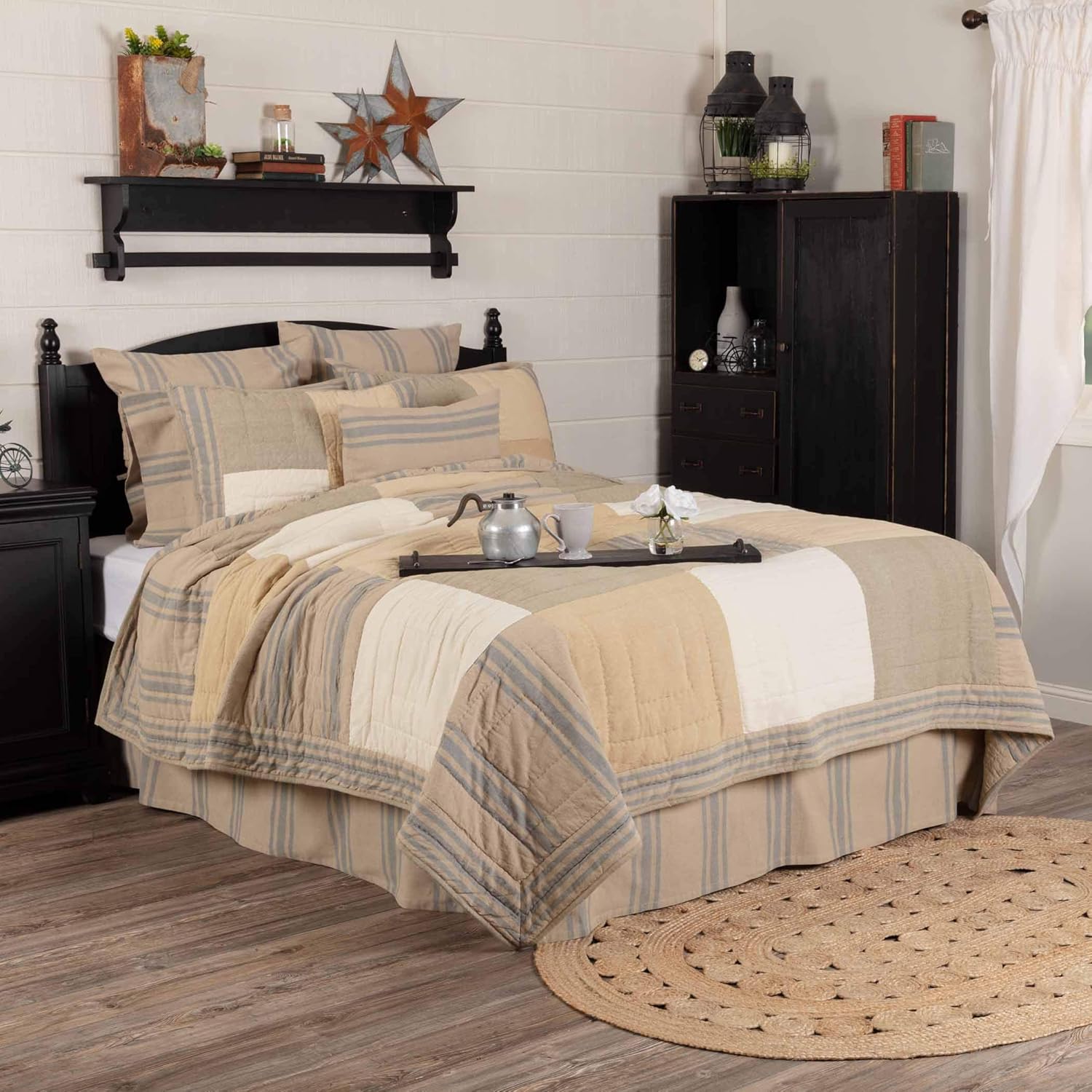 VHC Brands Farmer's Market Vintage Ticking Stripe Patchwork King Quilt for All