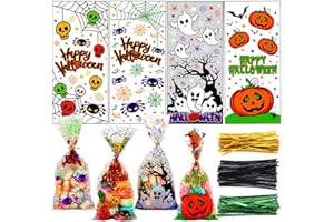 LOKIPA 200 Pcs Halloween Cellophane Candy Treat Bags with Twist Ties for Halloween Trick or Treat Party Favors