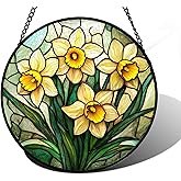 DASTOLL Stained Glass Window Hanging, Daffodil Plant Flowers Sun Catchers Diamond Glass Panel Hangings Suncatcher Decor for Birthday for Women, Men, Wife, Aunt, and Mom 6.3 in