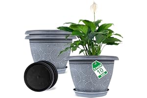 FODETYFF 10 Inch Flower Pots Planters for Indoor Outdoor Plants, 3 Pack Plastic Large Plant Pots with Drainage Hole & Tray, Modern Decorative Garden Pot with Saucer, Plant Container for House