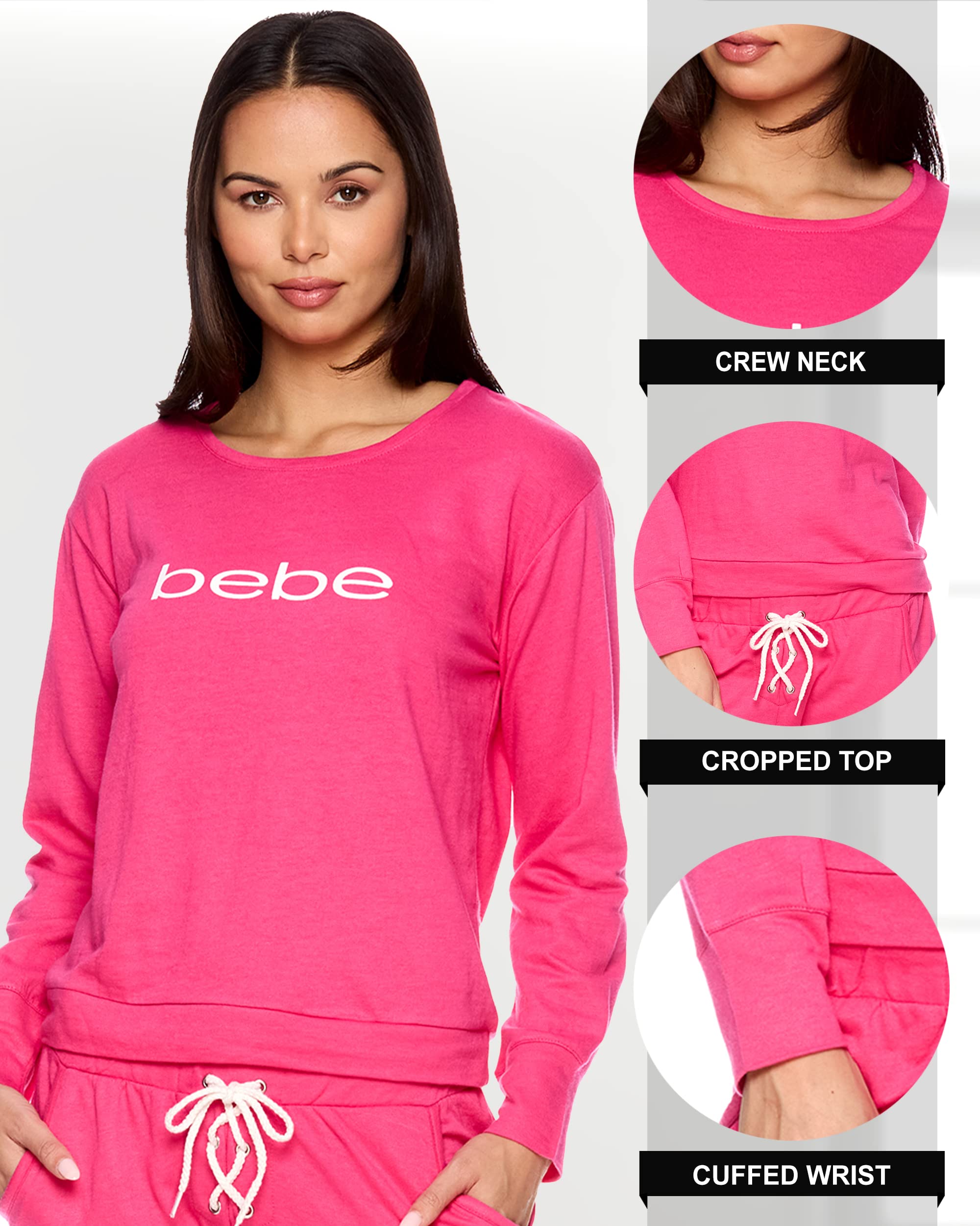 bebe Womens Pajama Sets - French Terry Pajamas Long Sleeve Pullover Top and PJ Pants with Pockets - Sleepwear for Women (Fuchsia, Large)