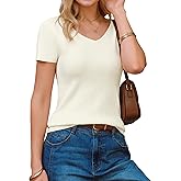 Arach&Cloz Women's Wool Blend Short Sleeve Sweater V Neck Lightweight Business Casual Outfits Spring Tops 2026