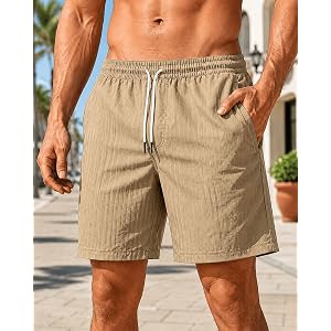 Mens Casual Shorts Drawstring Elastic Waist Beach Shorts with Pockets