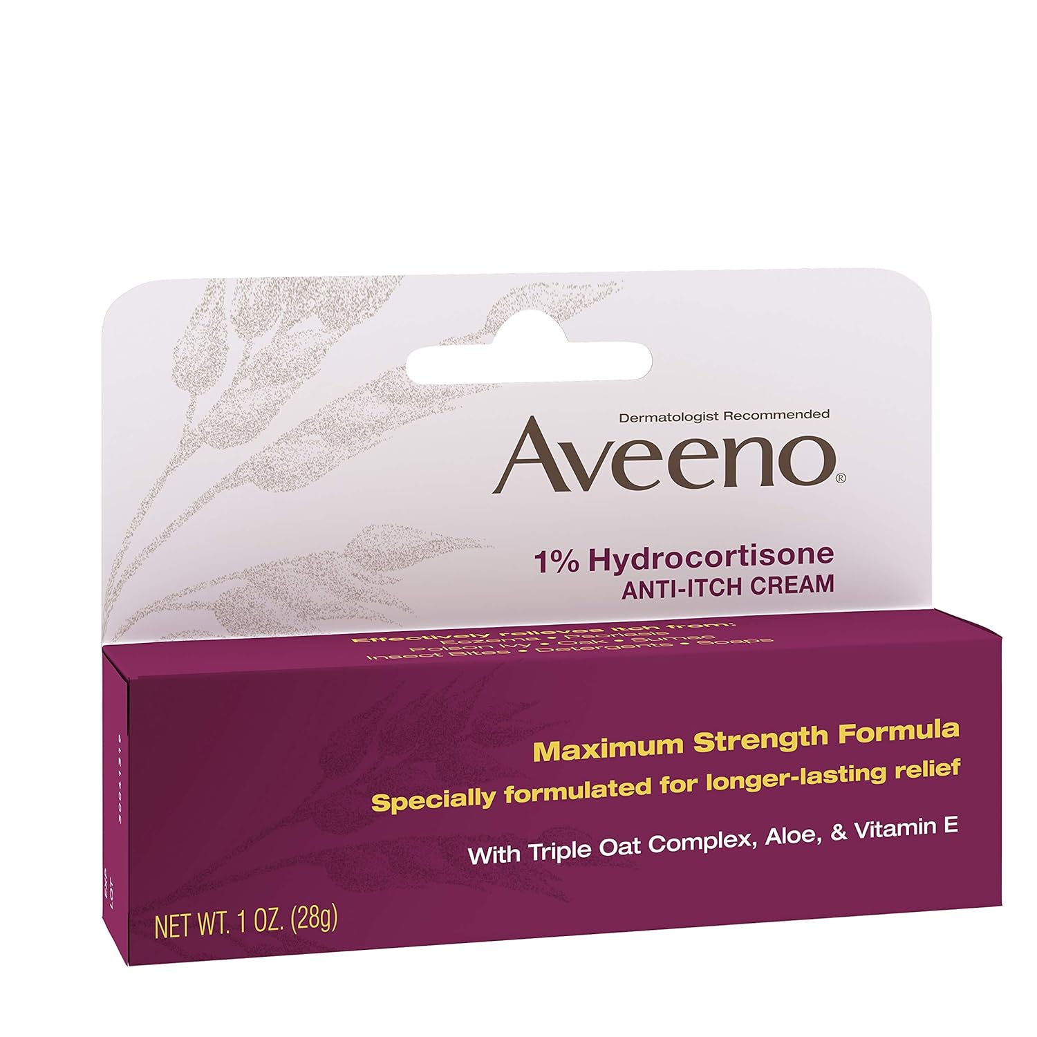 Aveeno Maximum Strength 1% Hydrocortisone Anti-Itch Cream with Pure Oat Essence Triple Oat complex, Aloe & Vitamin E, For Itch, Rash & Redness Relief, 1 oz: Prime Pantry