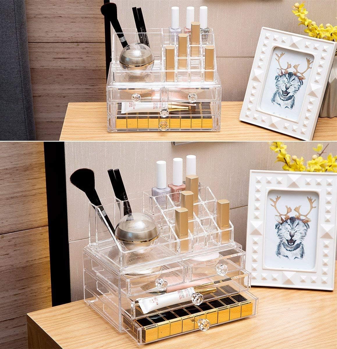 iPEGTOP Acrylic Clear Make Up Organiser Cosmetic Storage Box Display Makeup Case, 20 Sections with 4 Drawers, Diamond Drawer Handle: Home Improvement