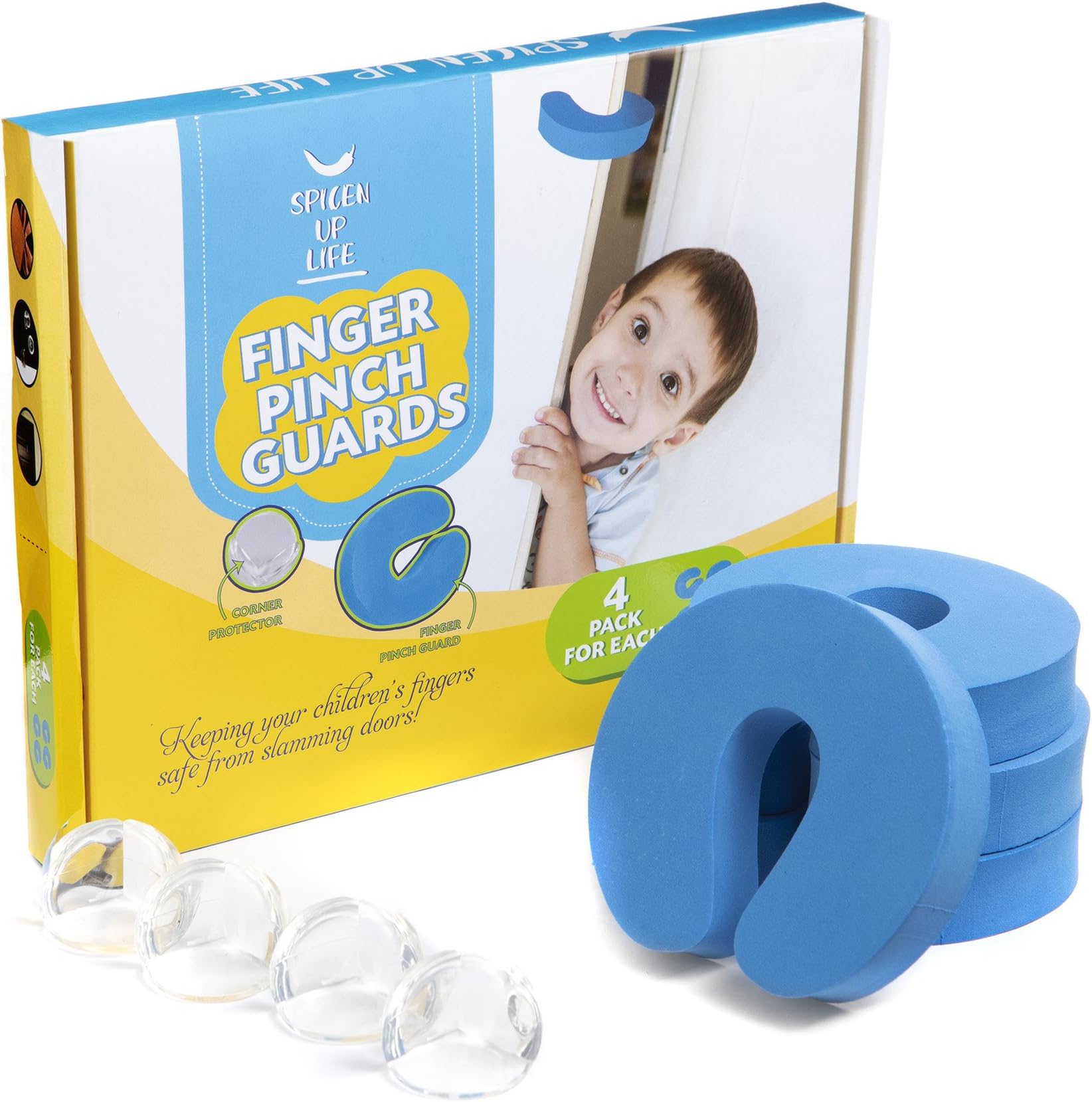 Childproof Finger Pinch Guard & Corner Guard Bundle By Spicen Up Life – 4 X Protective Foam door Stopper Plus 4 X Safe Clear Furniture Corner Bump Guards – Protect Toddlers From Accidents