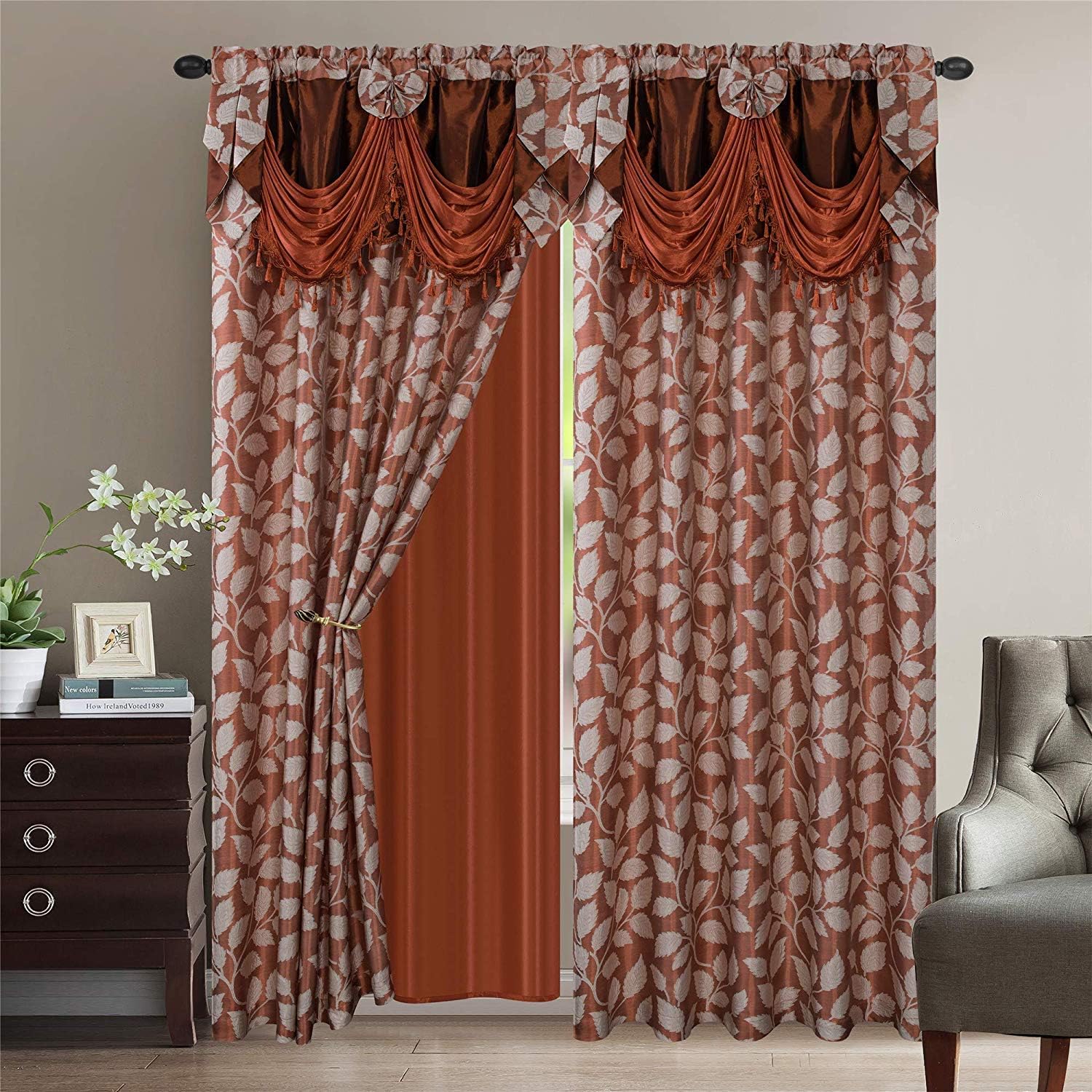Luxury Home Collection Jacquard Leaves Window 2 Panel