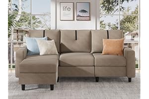 Tornama 80" L Shaped Sectional Sofas, 3 Seater Couch with Reversible Ottoman and Side Storage Pocket, Modern Linen Fabric Small Sectional Couch for Living Room, Apartment, Small Space, Beige