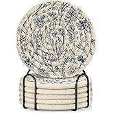 Kokaaee Cup Coasters for Drinks Absorbent - for Coffee Wooden Table Office Cute Farmhouse Outdoor Rustic Desk Kawaii Woven Women Soft Cloth Braided Fabric Floral Flower Coaster Set of 6 with Holder