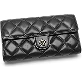 2R Quilted Genuine Leather Clutch Wallet with Chain Strap, Soft Lambskin, Diamond Pattern, Black