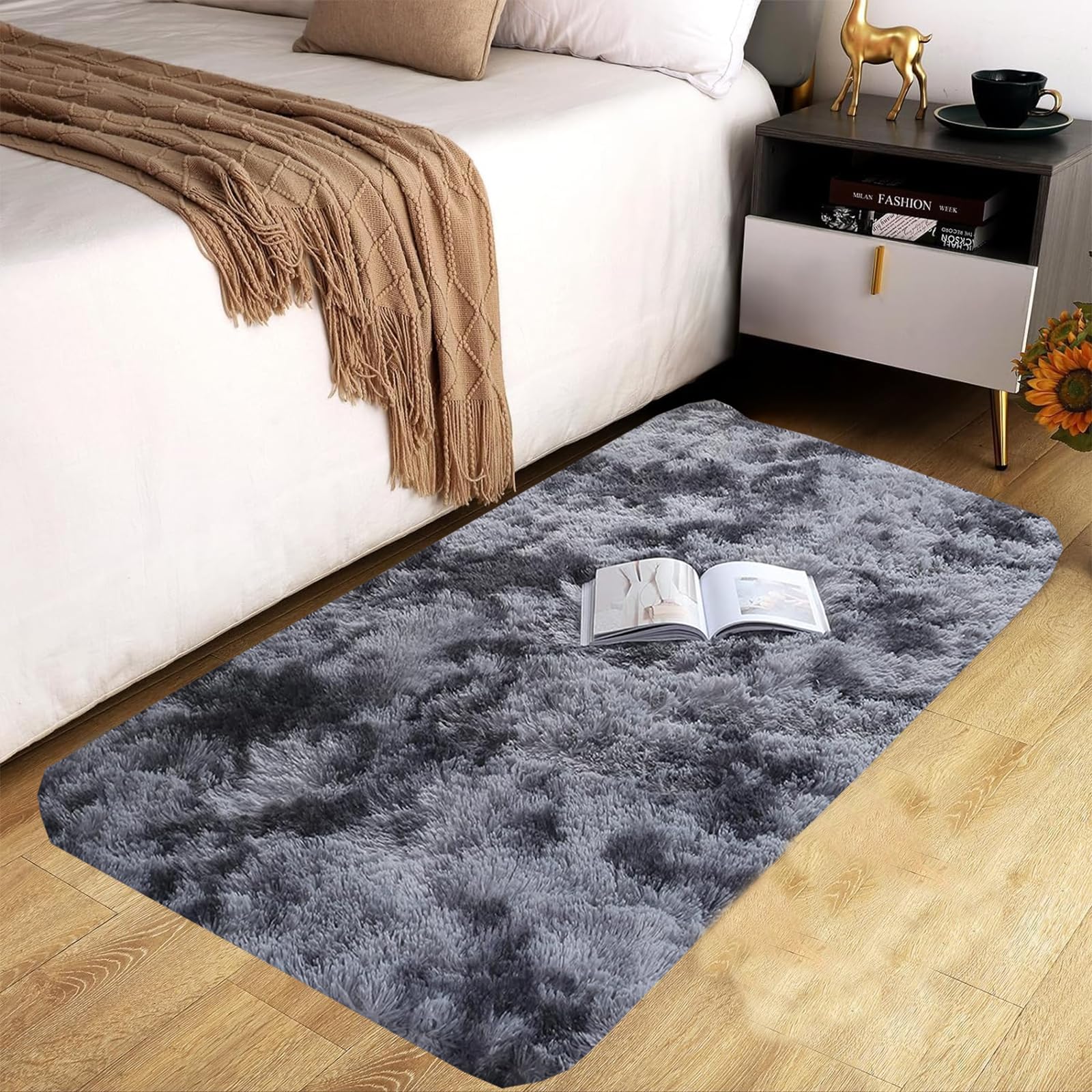 GJWLaie Rugs Living Room Grey Area Rugs for Bedroom Anti Silp Soft Shaggy Tie-Dye Plush Fluffy Living Room Rug Indoor Home Kidsroom Decor Carpet(Dark Grey 50 * 80cm)