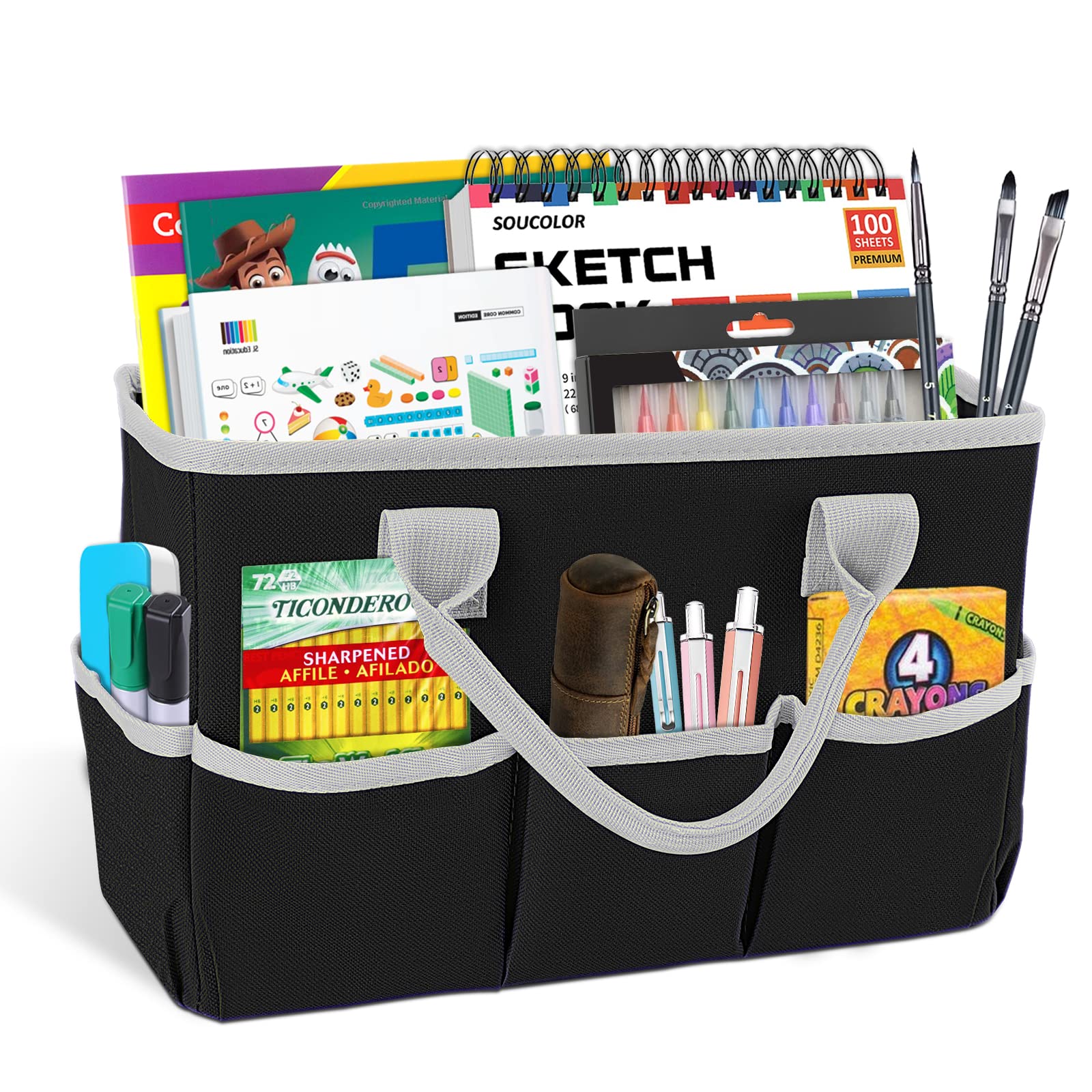 Godery Desktop Tote and Stock Organizer, Teacher Helper Tote Bag Organization for Arts, Books, Stationery, Office Desk Organizer, Make-up Storage Tote with Handles for Travel, Black