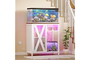 YITAHOME Fish Tank Stand with Power Outlets & LED Light, 20-29 Gallon Metal Aquarium Stand with Cabinet for Fish Tank Accessories Storage for Turtle, Reptile Terrarium, 350LBS Capacity, White